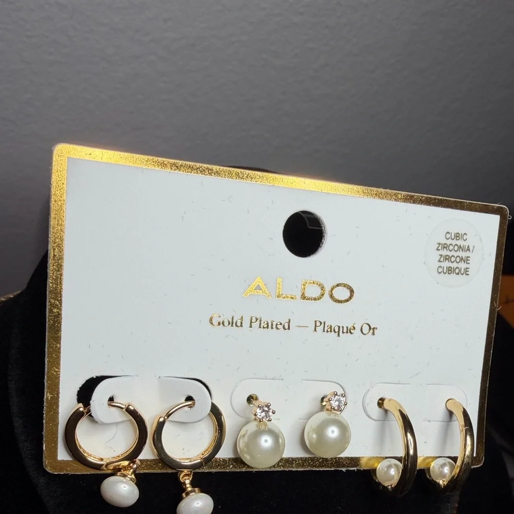 ALDO Gold Plated Earring Set with Pearl and Crystal Accents 3‎ pair